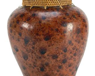 Studio Art Pottery Gourd Vase with Hand-Woven Rattan Collar Rim, 9.5"