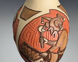 Marty & Elvira Naha Signed Hopi-Tewa Carved Pottery Vase White Bear Dance
