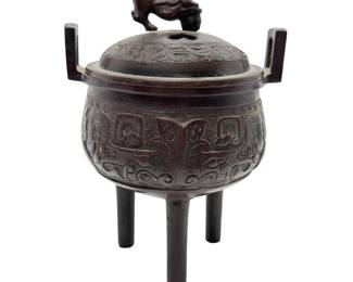 Antique Chinese Bronze Foo Dog Incense Burner Tripod Censer Ding