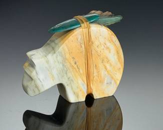 Signed Navajo Diné Travertine Onyx Bear Fetish Sculpture by Ruby, 2004