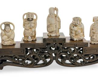 Antique Japanese Seven Lucky Gods Carved Bone Figures Shichifukujin Set Stand