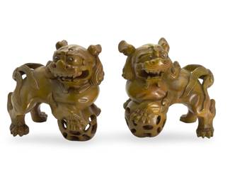 Vintage Hand-Carved Wood Chinese Foo Dogs Pair - Captive Puzzle Ball Sculpture