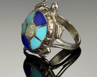 Native American Sterling Silver Multistone Inlay Turtle Ring Opal Turquoise MB