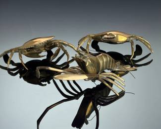 Vintage Brass Marine Life Lot - Articulated Lobster & Hinged Crab Ashtrays