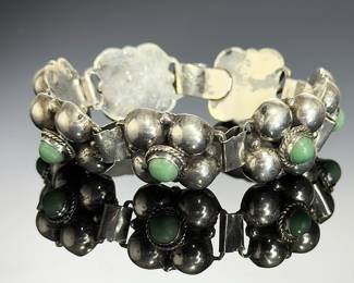 Vintage Mexican Silver Green Chrysoprase Puffy Flower Link Bracelet 32g