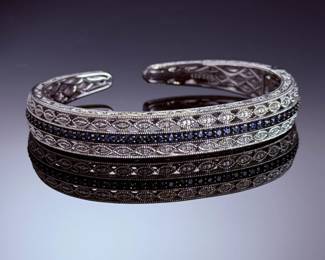 Royal Pacific Gem Sterling 925 Silver Sapphire Diamond Hinge Cuff Bracelet