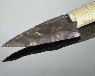 Artisan Flint Knapped Stone Blade Knife with Antler Handle, Signed AH