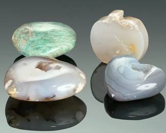 Vintage Hand-Carved Agate & Amazonite Stone Sculptures - Hearts & Apple, 4pc