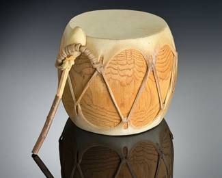 Native American Handcrafted Log Drum & Mallet - Rawhide & Natural Wood
