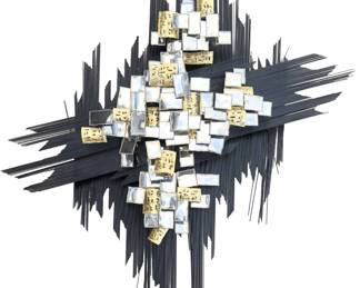 Monumental Brutalist MCM Wall Sculpture in the Style of Curtis Jeré, Brass & Chrome