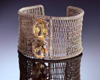 Sterling Silver Woven Wire Mesh Cuff Bracelet Citrine Gemstones Artist Made