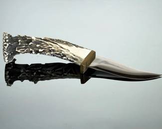 Ted Miller Cherokee Custom Carved Stag Horn Knife Owl Turquoise Coral Signed