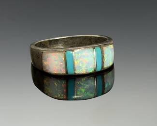 Vintage Sterling Silver Turquoise & Fire Opal Inlay Band Ring Size 9.25