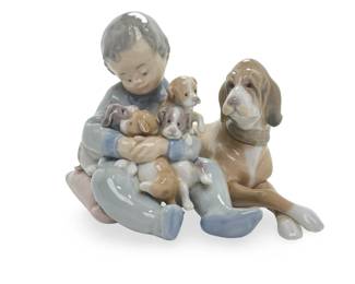 Lladro Spain Porcelain Figurine Playmates 5456 Boy with Puppies Antonio Ramos