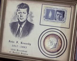 Framed 1964 JFK Memorial Stamp & 90% Silver Half Dollar Coin Tribute Set