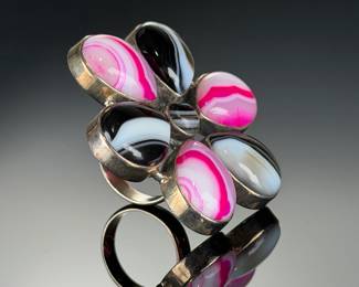 Monumental Sterling Silver Banded Agate Flower Statement Ring, Custom Size 9.25