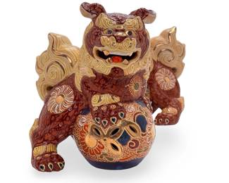Vintage Japanese Kutani Porcelain Shishi Foo Dog Sculptures - Signed Pair
