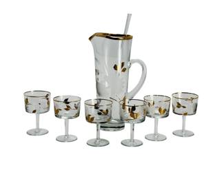Libbey Golden Foliage MCM 8pc Cocktail Pitcher & Stemmed Glasses Set