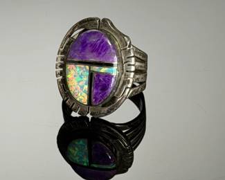 Navajo Sterling Silver Charoite & Fire Opal Inlay Ring Size 9.25 Signed JP