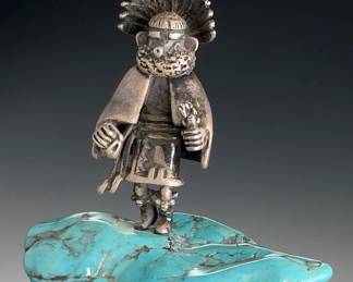Carol Sues Hopi .999 Silver Talavai Kachina Sculpture on Turquoise Base 1997