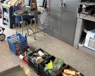 craftsman workbench stools, garage cabinet, nuts, bolts, cleaners, power tools
