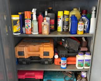 Contents of work cabinet, nail guns, cleaners