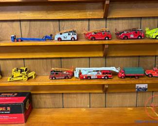 Collection of Die Cast Fire Trucks and Construction Equipment