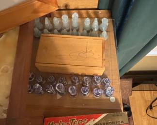 Vintage Glass Chess Set with Wooden Storage Box