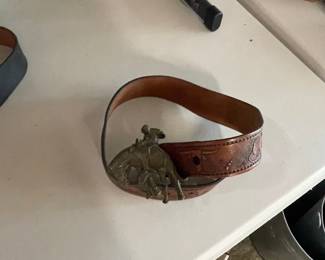 Vintage Western Tooled Leather Belt with Bucking Horseman Buckle
