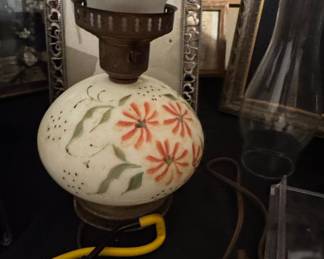 Vintage Hand-Painted Milk Glass Boudoir Lamp with Floral Motif