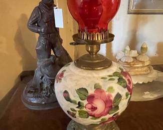 Vintage Hand-Painted Floral "Gone With The Wind" Style Oil Lamp with Ruby Red Chimney