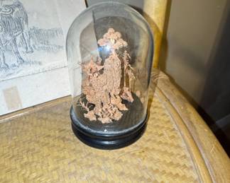 Vintage Chinese Cork Carving Diorama in Glass Dome with Pagoda and Trees