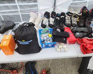 Ice skates, Roller blades, golf balls, karate gear, knee sleeves, bike rack cover