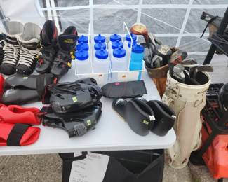 Dog raised bed, Skates, roller blades, Head gear, foot gear, water bottles, golf clubs