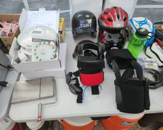 Dispensers, cheese cutter, knee braces, helmets, bike lock, rugby ball, water bootles