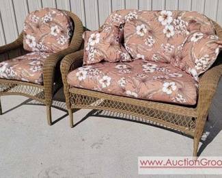 1 Patio Love Seat and Arm Chair. Furniture, cushions  pillows are all in Excellent Condition