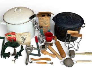 Enamel Cookware, Wood Kitchenware, Food Meat Chopper, Apple Parer and More