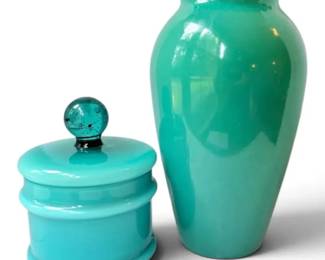 Teal Glass Vase And Powder Jar