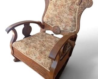 Antique Carved Oak Rocking Chair w Floral Tapestry Upholstery