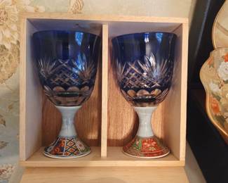Japanese, Cobalt Blue cut to  clear glass & Porcelain glasses in origianl box