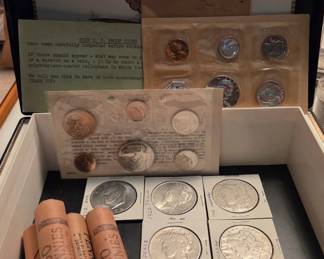 Old Silver Coins ( Morgans & Peace) Proof Set & Pennies & (2) walking Libertys