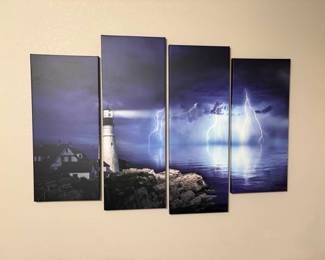 SWEET LIGHTHOUSE THUNDERSTORM MULTI PANEL CANVAS WALL ART.