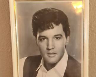 Vintage Elvis Presley Black and White Portrait Print in White and Gold Frame