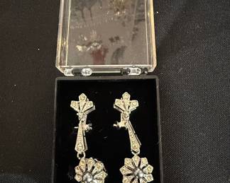 Art Deco Style Rhinestone and Faux Pearl Floral Drop Earrings