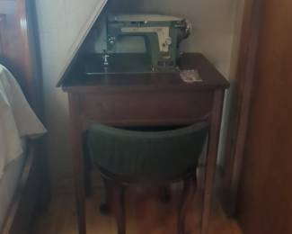 New Home Model 170 Sewing Machine in Console Cabinet with Chair