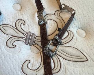 Brighton Brown Crocodile Embossed Leather Belt with Silver-Tone Floral Hardware