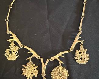 Vintage Antler and Floral Motif Necklace