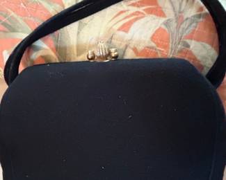 Vintage Mid-Century Black Wool Felt Handbag with Ornate Clasp