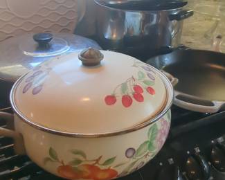Vintage Regency Club Enamelware Dutch Oven with Fruit Pattern and Brass Handles