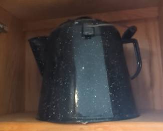 Vintage Black Speckled Enamelware Cowboy Coffee Pot